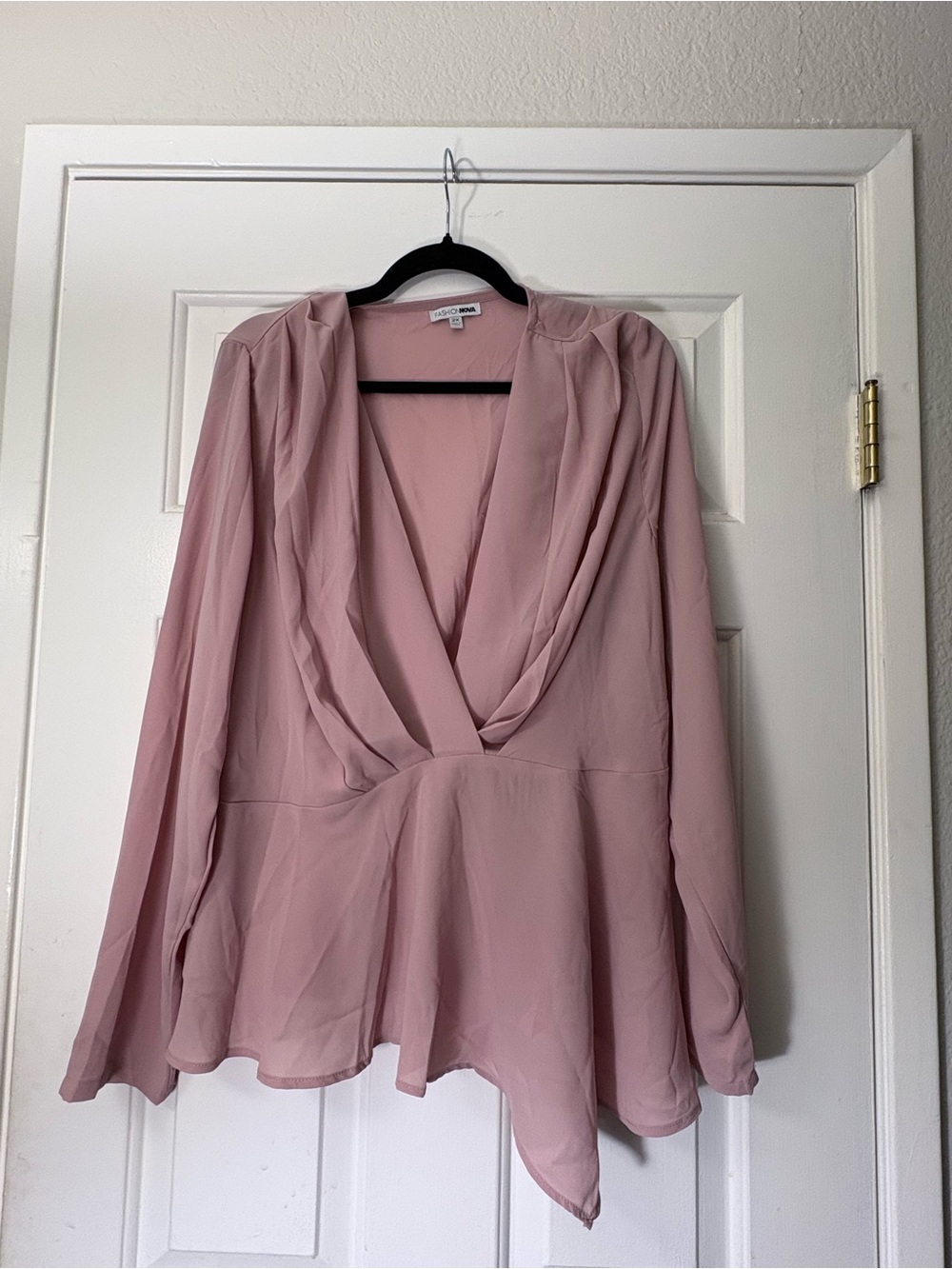 Fashion Nova Dusty Pink Draped V-Neck Long Sleeve Blouse